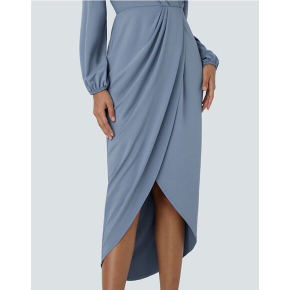 Halara V Neck Long Sleeve Tulip Hem Midi Dress Sz Medium Blue Womens - Picture 12 of 16